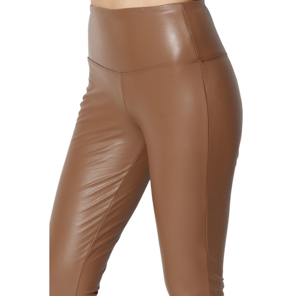 XL High Waist Faux Leather Leggings Women's Carmel XL - Picture 2 of 3